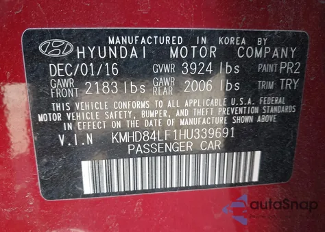 2017 Hyundai Elantra Limited z USA, uszkodzony, nr VIN KMHD84LF1HU339691